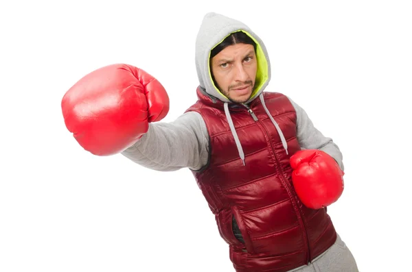 Uomo che indossa guanti da boxe isolati su bianco — Foto Stock