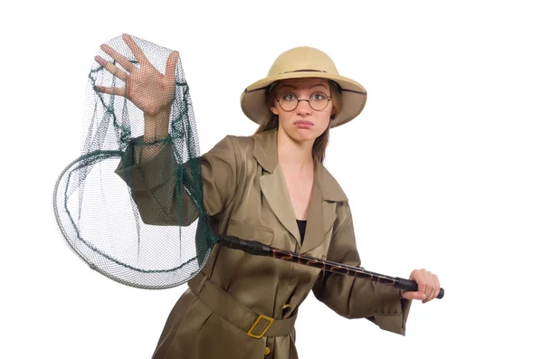 Mujer con sombrero de safari en blanco —  Fotos de Stock