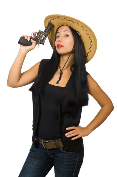一个拿着枪隔离在白人身上的年轻女人 — 图库照片