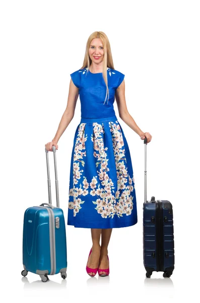 Woman with suitcases on white — Stock Photo, Image