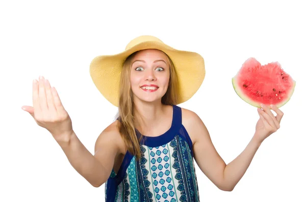 Woman with watermelon isolated on white — Stock Photo, Image