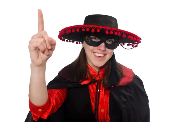 Девушка в черно-красном карнавальном костюме изолирована на белом — стоковое фото