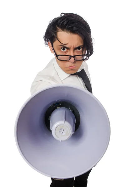 Angry man with loudspeaker isolated on white — Stock Photo, Image