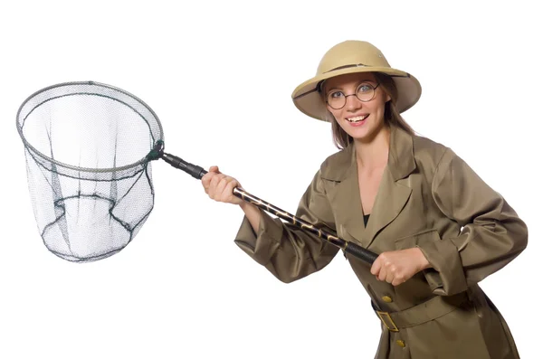 Mujer con sombrero de safari en blanco — Foto de Stock