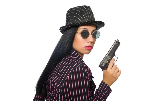 Gangster mulher com arma isolada no branco — Fotografia de Stock