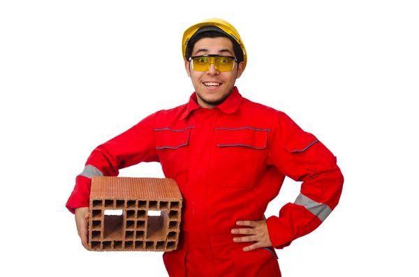 Trabajador de la construcción con ladrillos de arcilla en blanco —  Fotos de Stock