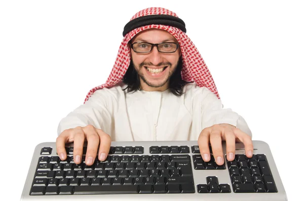 Hombre de negocios árabe con computadora en blanco — Foto de Stock