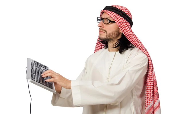 Uomo d'affari arabo con computer su bianco — Foto Stock