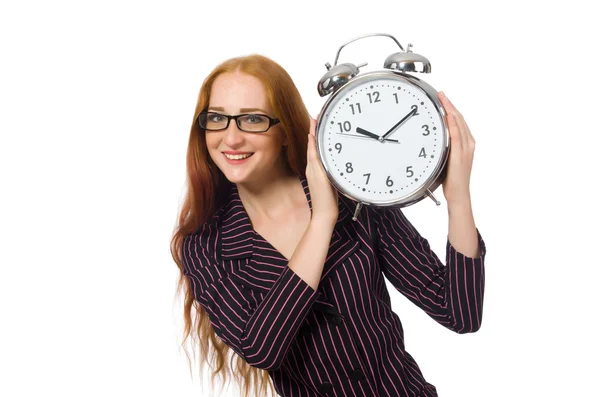 Pretty office employee with alarm clock isolated on white — Stock Photo, Image