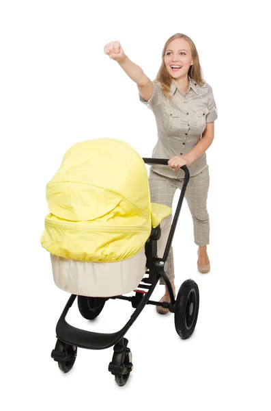 Žena s dítětem a kočárek izolované na bílém — Stock fotografie