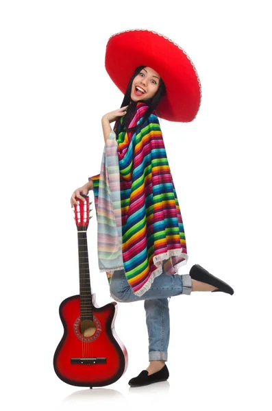 Woman mexican guitar player on white — Stock Photo, Image