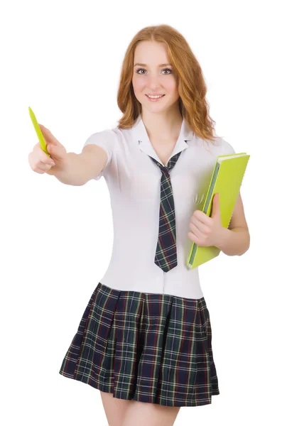 Jovem estudante feminino poiting isolado no branco — Fotografia de Stock