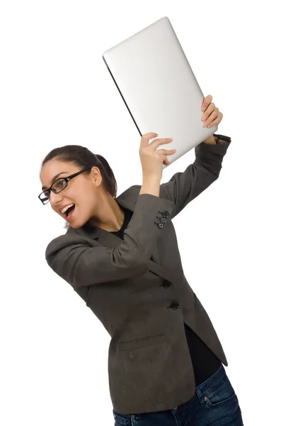 Joven estudiante con portátil en blanco — Foto de Stock