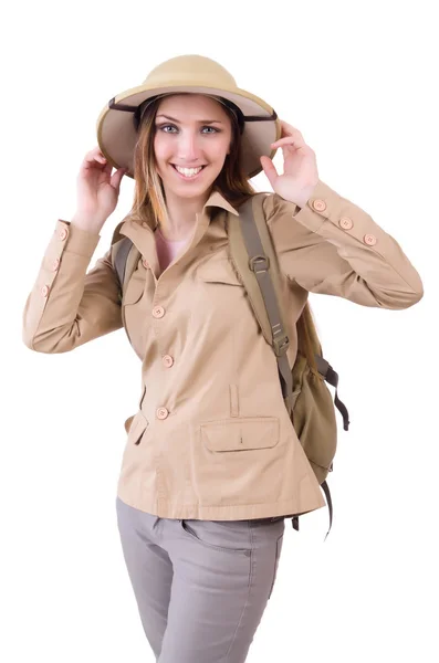 Woman wearing safari hat on white — Stock Photo, Image