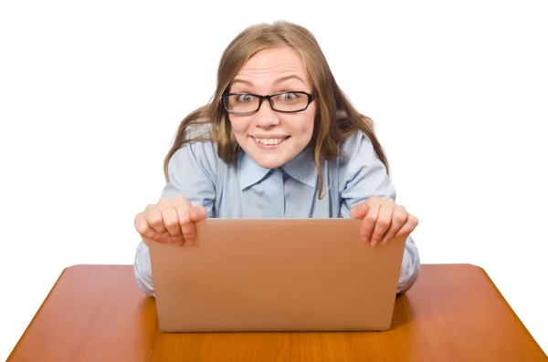 Kantoormedewerker met laptop geïsoleerd op wit — Stockfoto