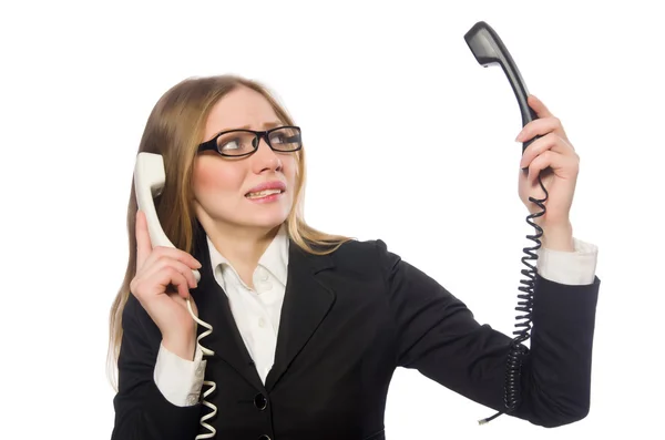 Bonito funcionário de escritório segurando telefone isolado no branco — Fotografia de Stock