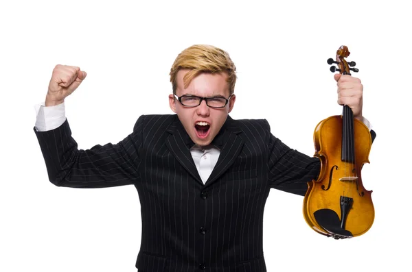 Jovem músico com violino isolado em branco — Fotografia de Stock