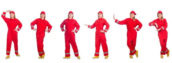 Mulher de macacão vermelho isolado no branco — Fotografia de Stock