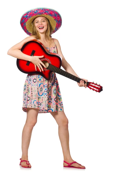 Mujer en concepto musical con guitarra sobre blanco — Foto de Stock