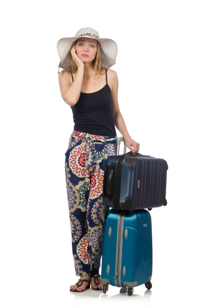 Woman ready for summer travel isolated on white — Stock Photo, Image