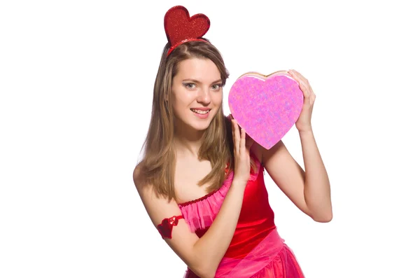 Girl in pretty pink dress with gift box isolated on white — Stock Photo, Image