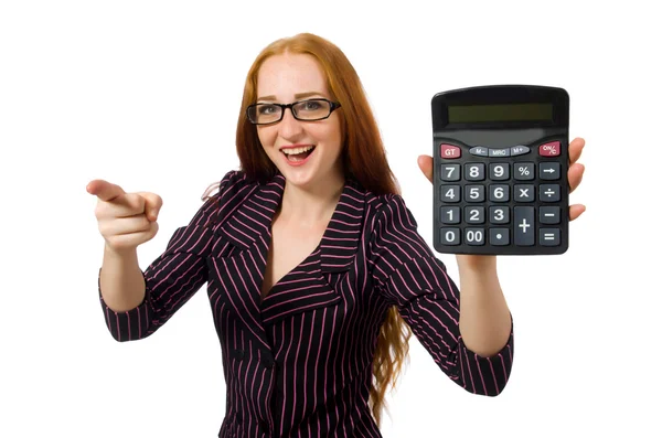 Jeune femme d'affaires avec calculatrice sur blanc — Photo