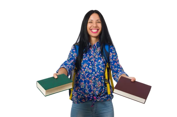 Junge Studentin mit Büchern auf Weiß — Stockfoto