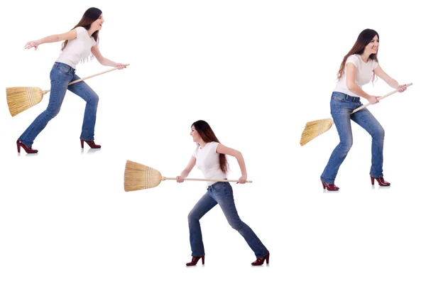 Woman with broom isolated on white — Stock Photo, Image