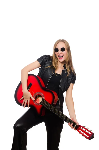 Young woman guitar player isolated on white — Stock Photo, Image