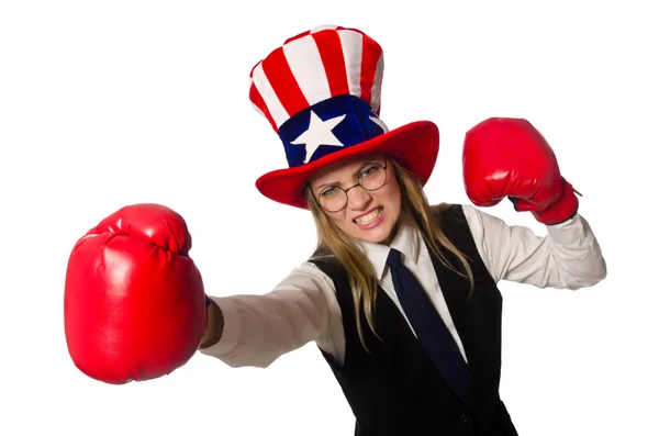 Mujer con guantes de boxeo aislados en blanco —  Fotos de Stock