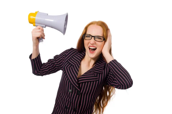 Young businesswoman with loudspeaker on white — Stock Photo, Image