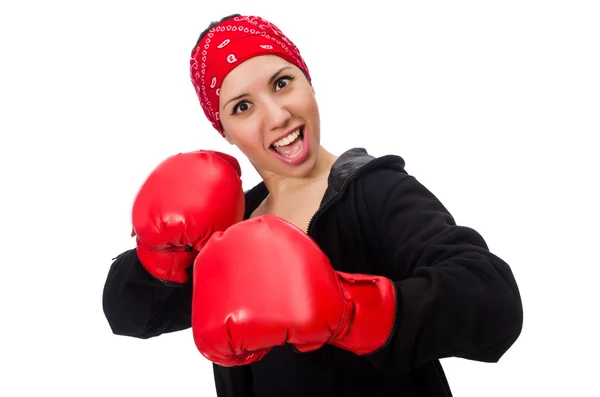 Mujer boxeadora aislada en el blanco — Foto de Stock