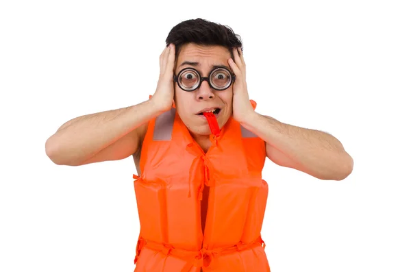 Hombre divertido con chaleco de seguridad naranja — Foto de Stock