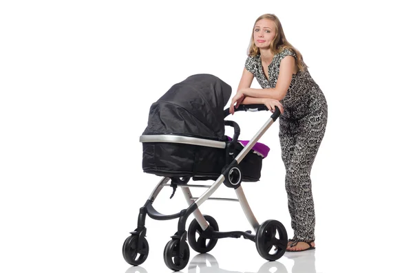 Happy mom with her baby in pram — Stock Photo, Image