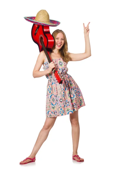 Concetto musicale donna con chitarra su bianco — Foto Stock