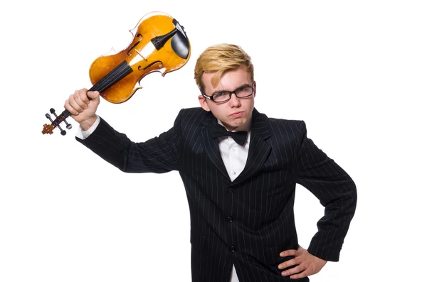 Молодой музыкант со скрипкой изолирован на белом — стоковое фото