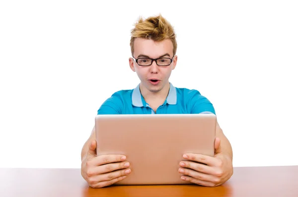 Student met laptop geïsoleerd op wit — Stockfoto