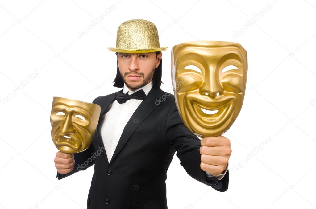 Man with theater mask isolated on white