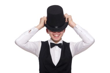 Siyah, klasik yelek giyen genç adam beyazın üzerinde izole edilmiş.