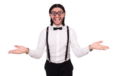 Pantolon askısı isioated beyaz giyen adam