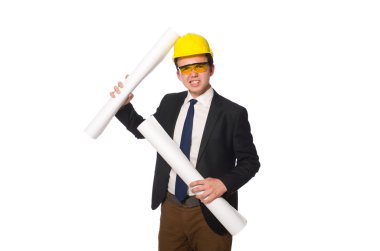 Beyaz üzerine çizimler yapan komik bir mimar.