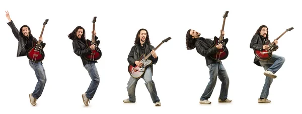 하얀 바탕에 고립 된 재미있는 기타 연주자 — 스톡 사진
