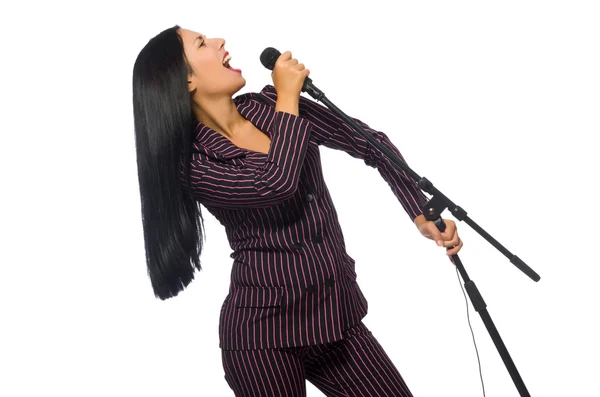 Woman singing in karaoke club on white — Stock Photo, Image
