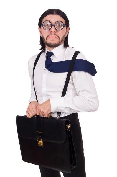 Młody biznesmen trzymający walizkę na białym tle — Zdjęcie stockowe