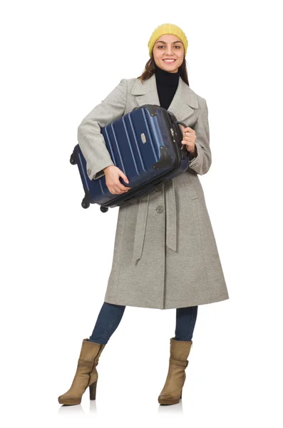 Femme avec valise prête pour les vacances d'hiver — Photo