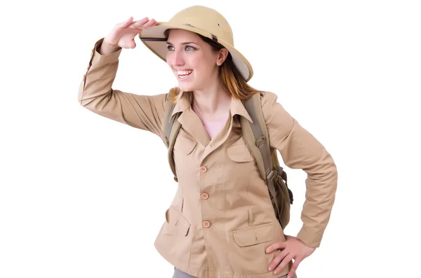 Woman wearing safari hat on white — Stock Photo, Image