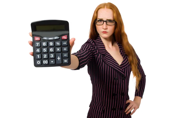 Jeune femme d'affaires avec calculatrice sur blanc — Photo