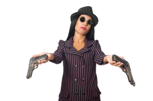 Gangster donna con pistola isolata su bianco — Foto Stock