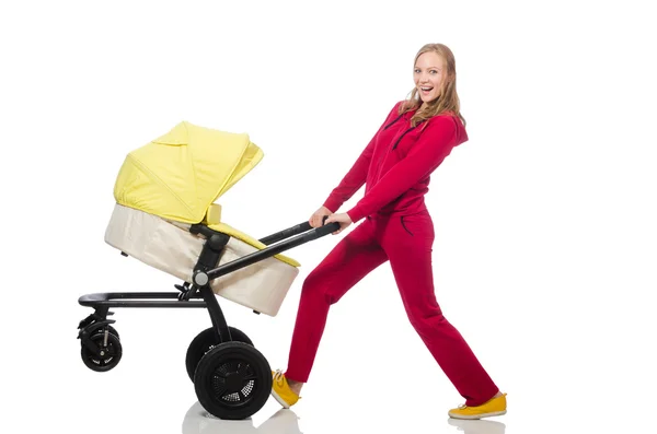 Frau mit Kinderwagen isoliert auf weißem Grund — Stockfoto