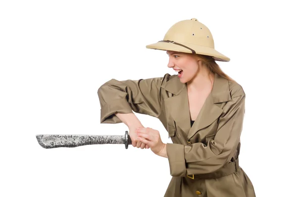 Mujer con sombrero de safari en blanco — Foto de Stock